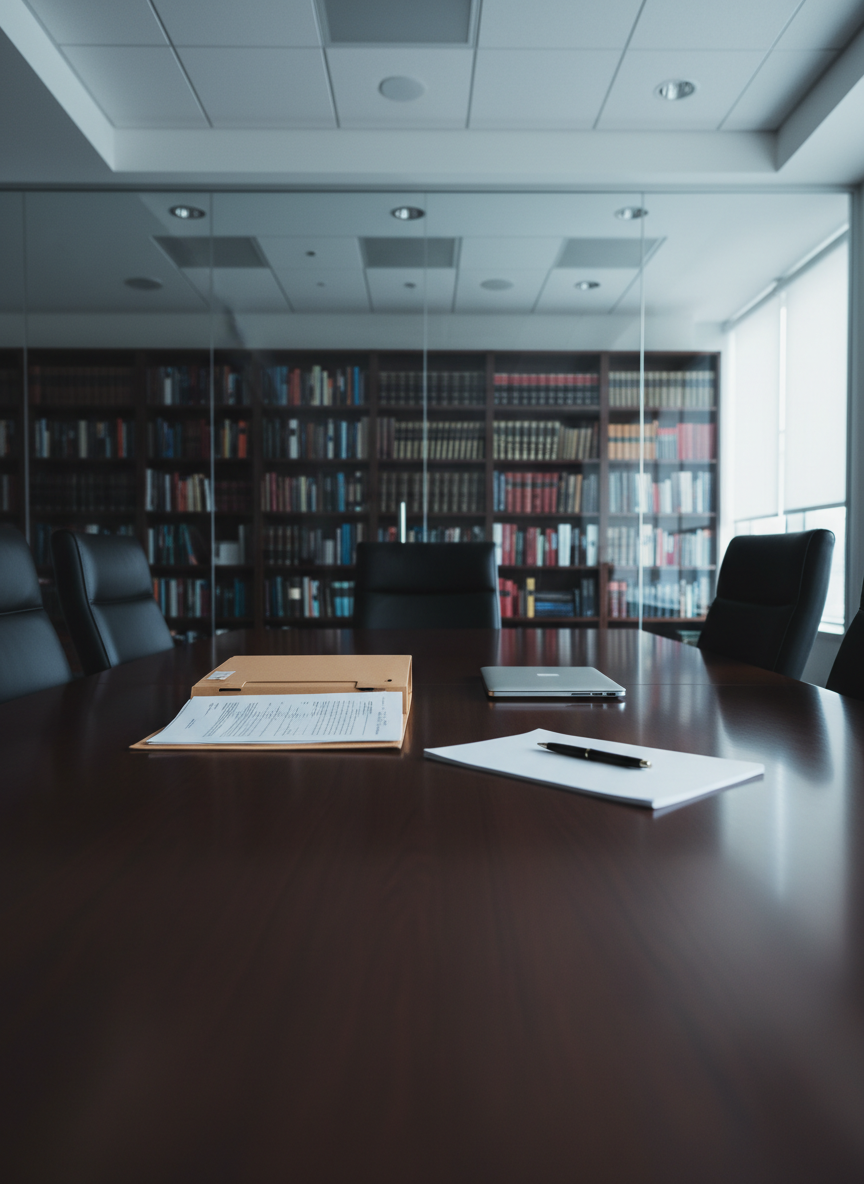 A conference room in a high-end law firm, with a long, dark wood table extending into the frame and three high-backed leather chairs subtly implied by their shadows and edges, without showing occupants. In the center of the table lies an open legal file, a closed laptop, and a notepad with a pen placed diagonally, suggesting an active client consultation. Floor-to-ceiling glass walls reveal blurred office shelves lined with legal volumes. Cool, even overhead lighting combines with gentle natural light from side windows, creating a balanced, professional ambiance. Shot from one end of the table at a low angle to emphasize depth and seriousness, this photographic realism scene communicates strategic discussion, discretion, and client-focused advocacy without depicting people.