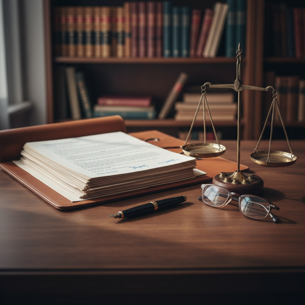 A close-up, photographic depiction of a meticulously organized legal workspace: a dark oak desk with a smooth matte finish, an open leather-bound case file with neatly stacked pages, a pair of reading glasses resting beside a heavy brass scale of justice, and a fountain pen aligned parallel to the file. Soft, diffused daylight from an unseen window to the left casts delicate highlights on the metal scales and gentle shadows across the documents. The background falls into a subtle bokeh of law books and a tidy bookshelf. Captured from a slightly elevated angle with shallow depth of field, the scene feels focused, composed, and detail-oriented, conveying experience, precision, and integrity-driven legal work.