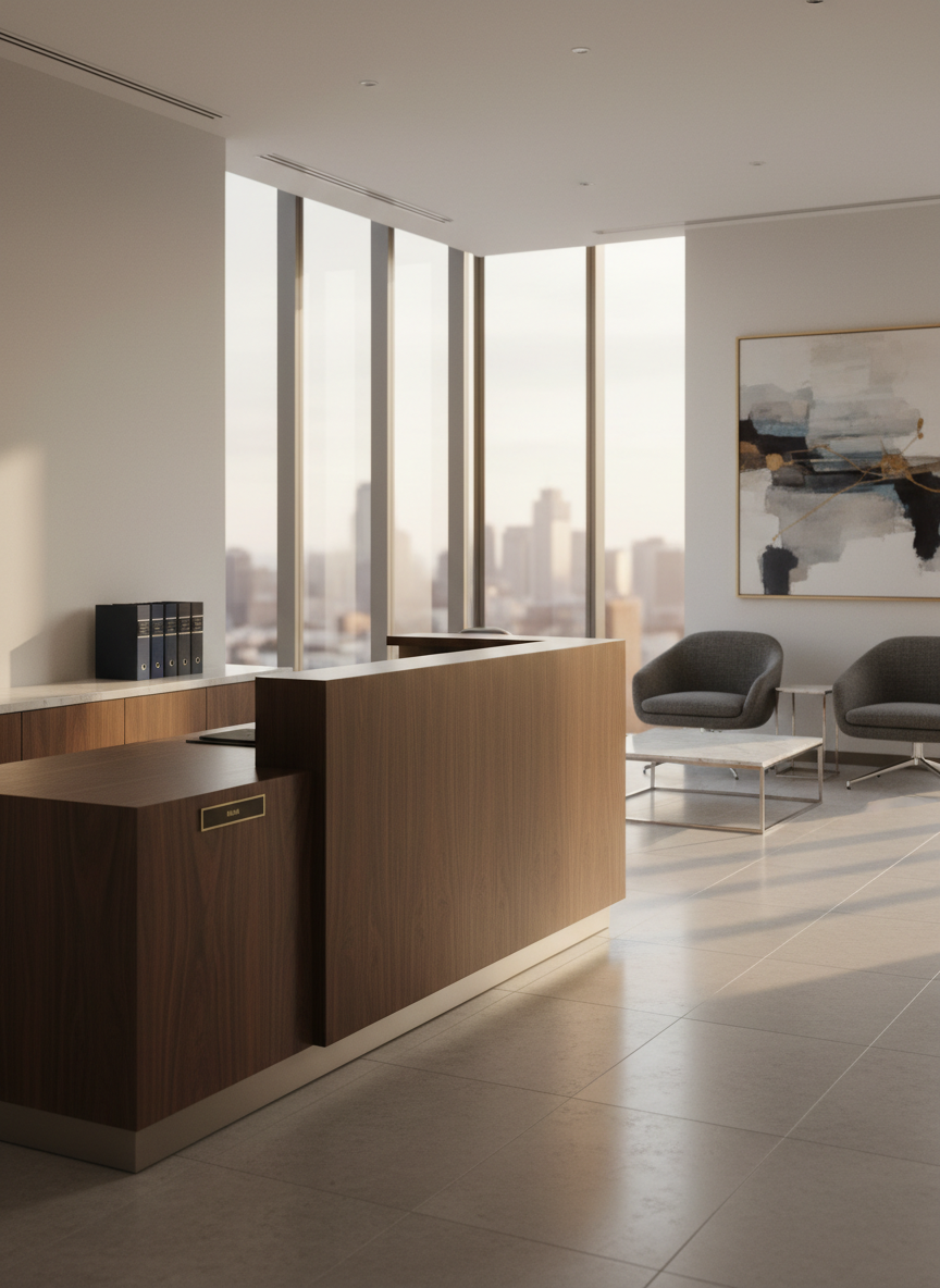 A polished, modern law firm reception area featuring a sleek walnut reception desk with a brushed metal edge, a discreet brass nameplate without visible text, and neatly arranged legal binders on a side console. Behind the desk, floor-to-ceiling windows reveal a soft-focus city skyline. Warm, late-afternoon natural light floods the space, creating gentle reflections on the stone tile floor and subtle shadows along the walls. The photographic realism captures crisp details in the wood grain and fabric seating, with a calm, inviting corporate atmosphere. Shot at eye level with a wide-angle lens and moderate depth of field, the composition emphasizes openness, professionalism, and trustworthiness, ideal for a homepage hero image for a reputable law firm.