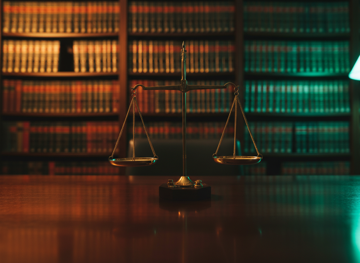 Polished brass scales of justice on a mahogany desk with law bookshelves in the background