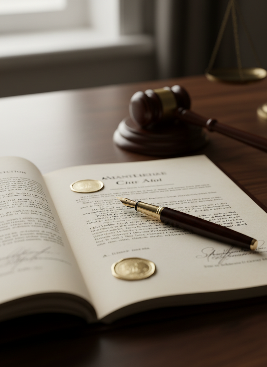 Open legal document on a dark oak desk with a fountain pen and brass gavel